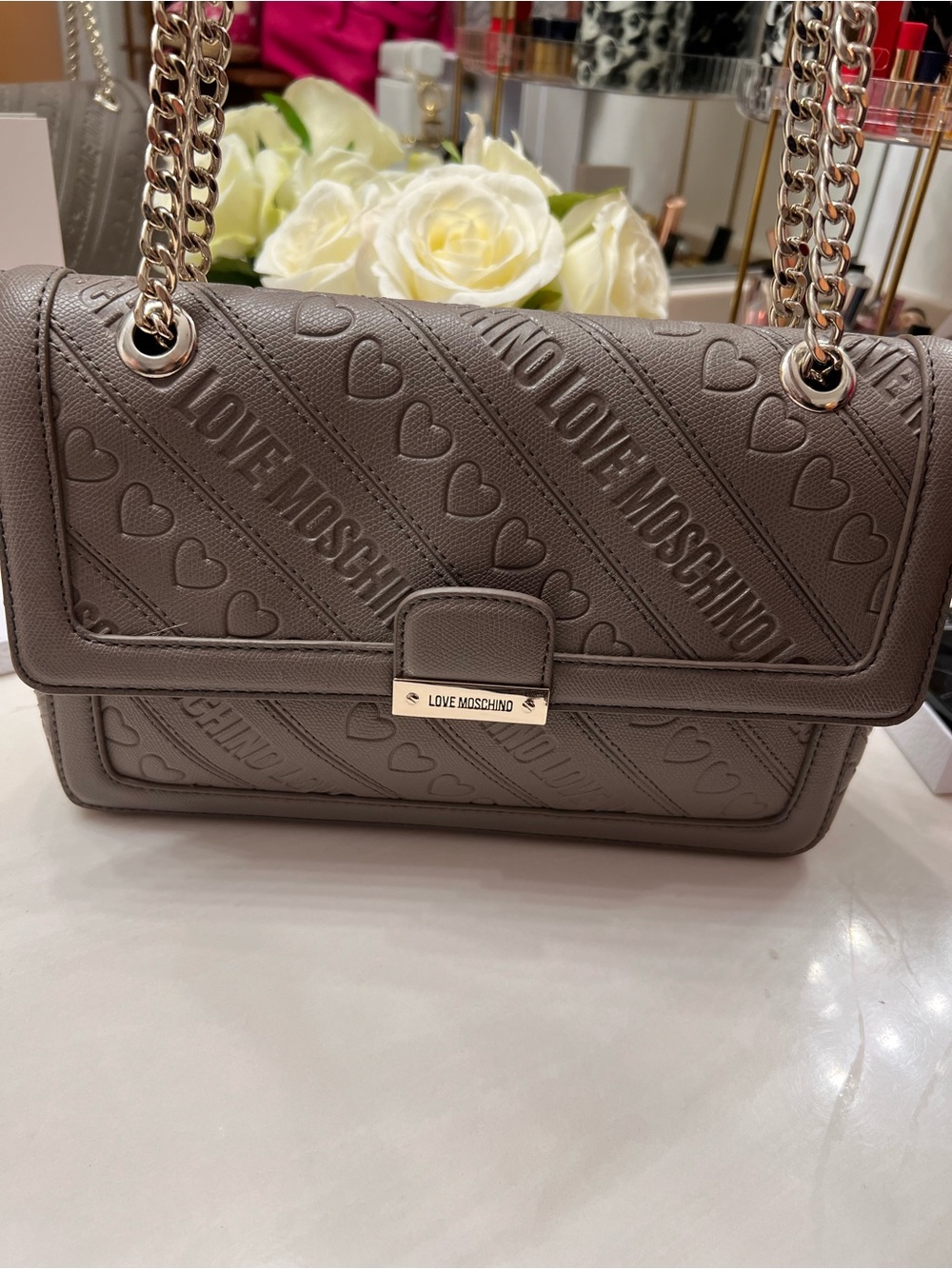 Love Moschino Taupe Quilted Heart-Embossed Chain Shoulder Bag